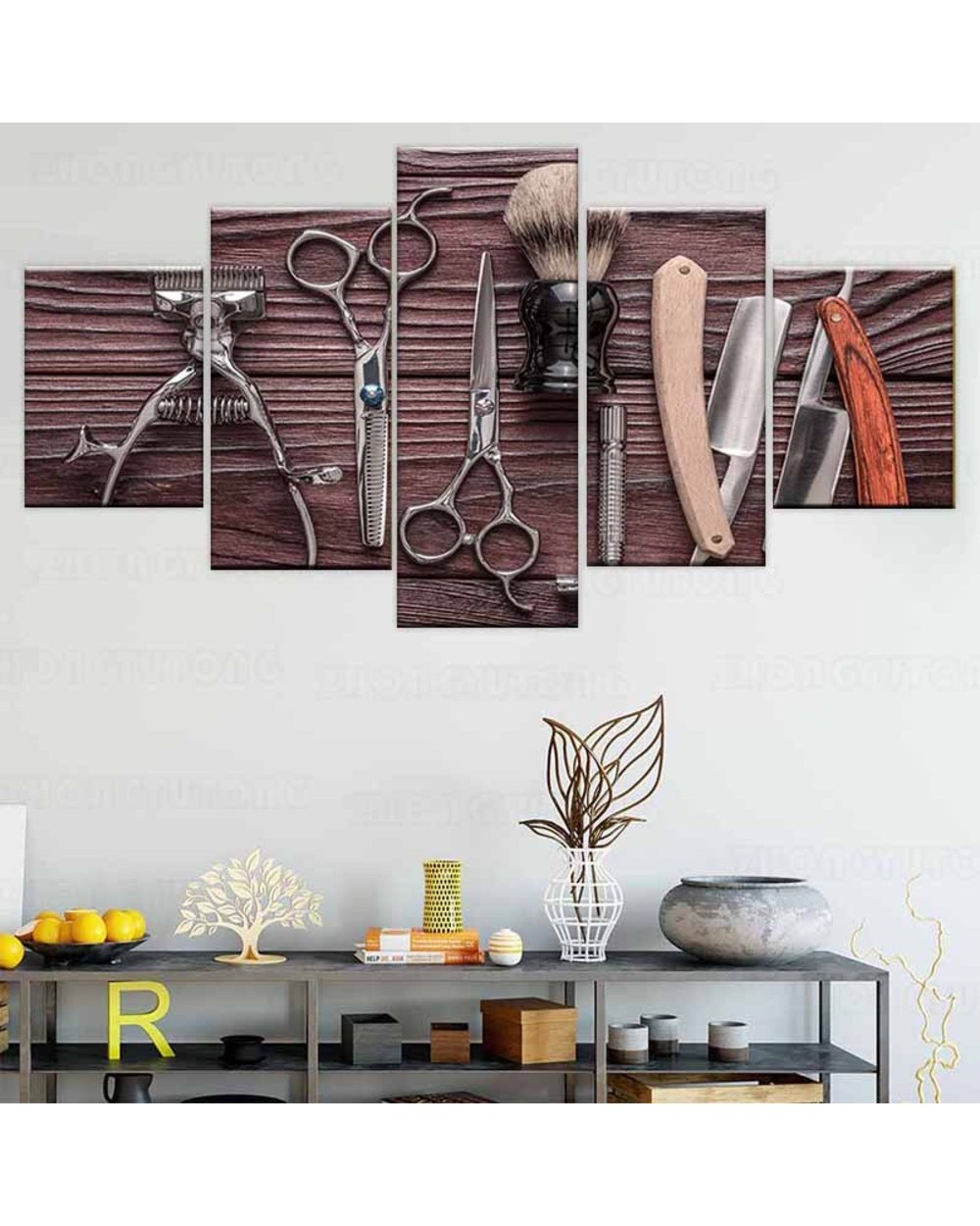 Hairdressing Tools Scissors Razor Styling Picture Print Beauty 5 Panel Canvas Art Wall Decor front-0