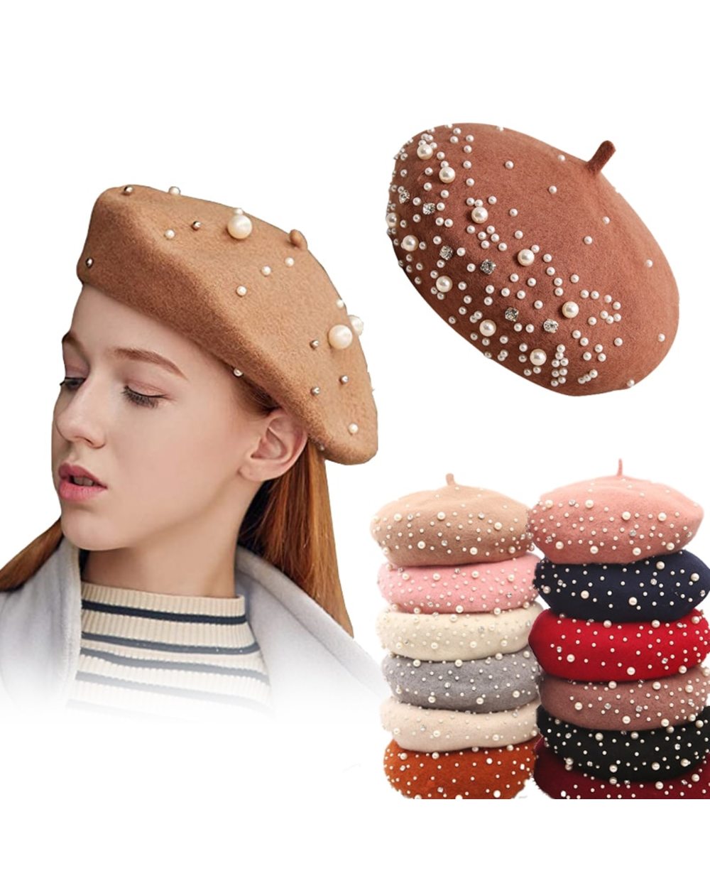 2021 Winter Wool Beret With Rhinestone Pearls Beads Female Elegant Cap Autumn Spring Hat Women Solid Color French Style front-3