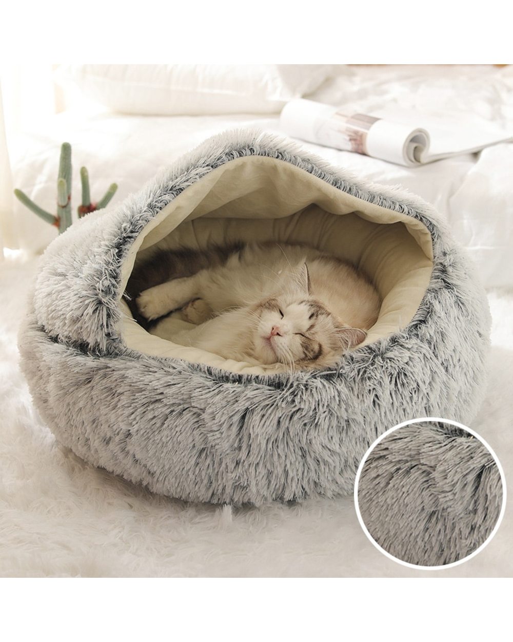 Winter Long Plush Pet Cat Bed Round Cat Cushion Cat House 2 In 1 Warm Cat Basket Cat Sleep Bag Cat Nest Kennel front-0