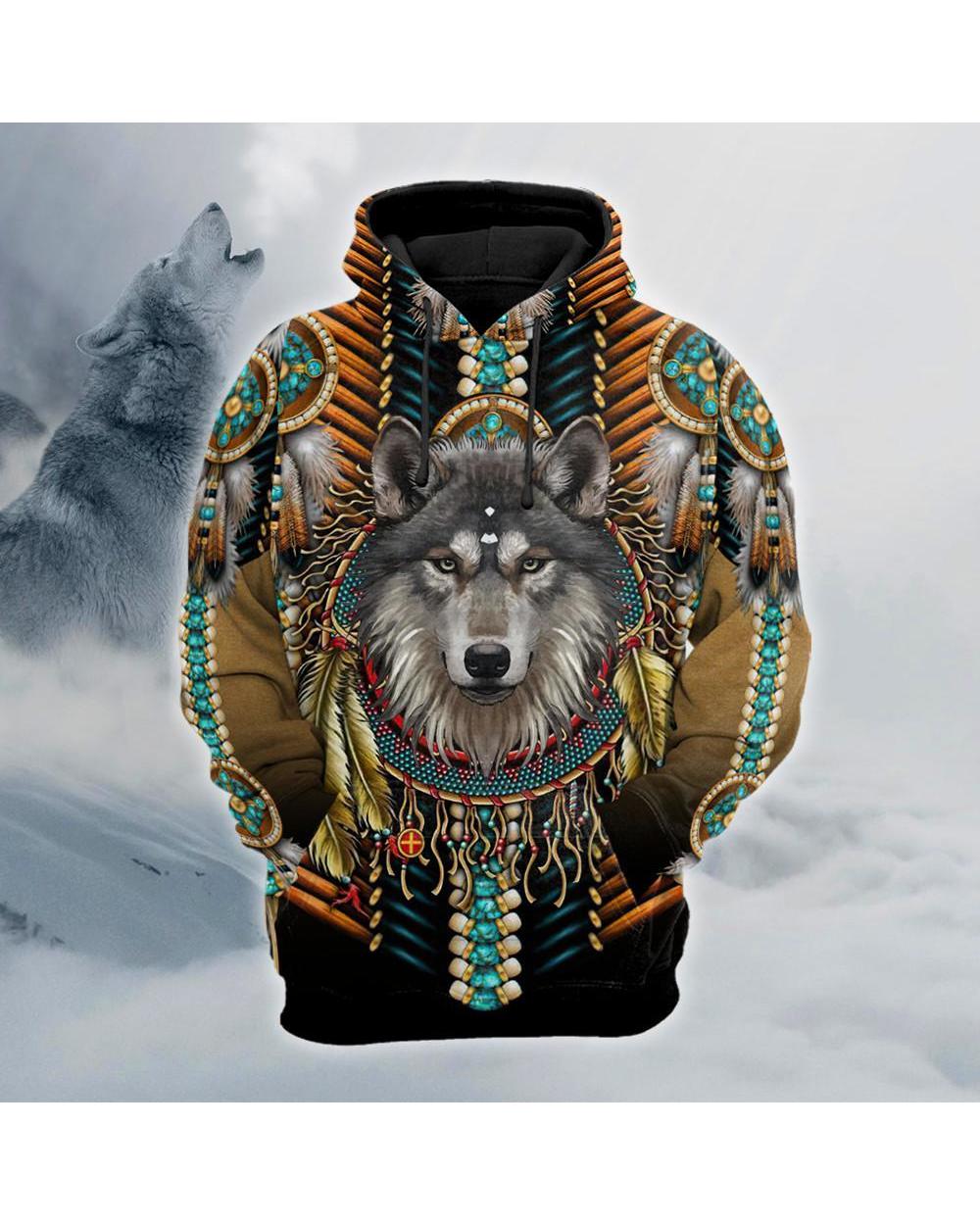 Beautiful Tribal Native Wolf 3D All Over Printed Men Hoodie Autumn Unisex Sweatshirt Zip Pullover Casual Streetwear VG06 front-0