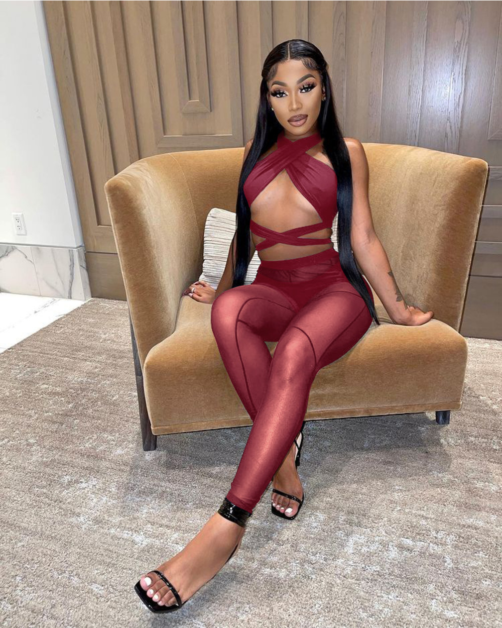 3 Pieces Set Bandage Lace Up Halter Crop Top Sheer Mesh Pants set front-2