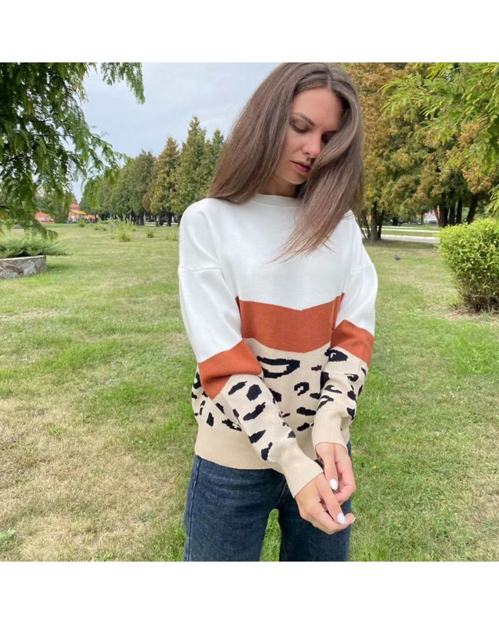 Leopard Knit Womens Sweater Autumn Winter Color Block Female Jumper Outfits Long Sleeve Soft Pullover Christmas Sweaters front-1
