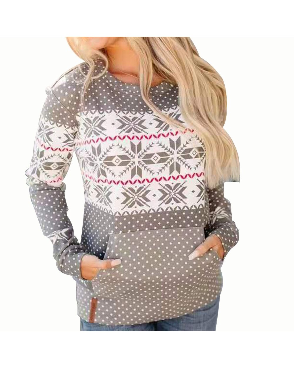 Women Christmas Sweater, Reindeer/Snowflake Pattern Long Sleeve Round Neck Sweater, Knitted Pullover front-4