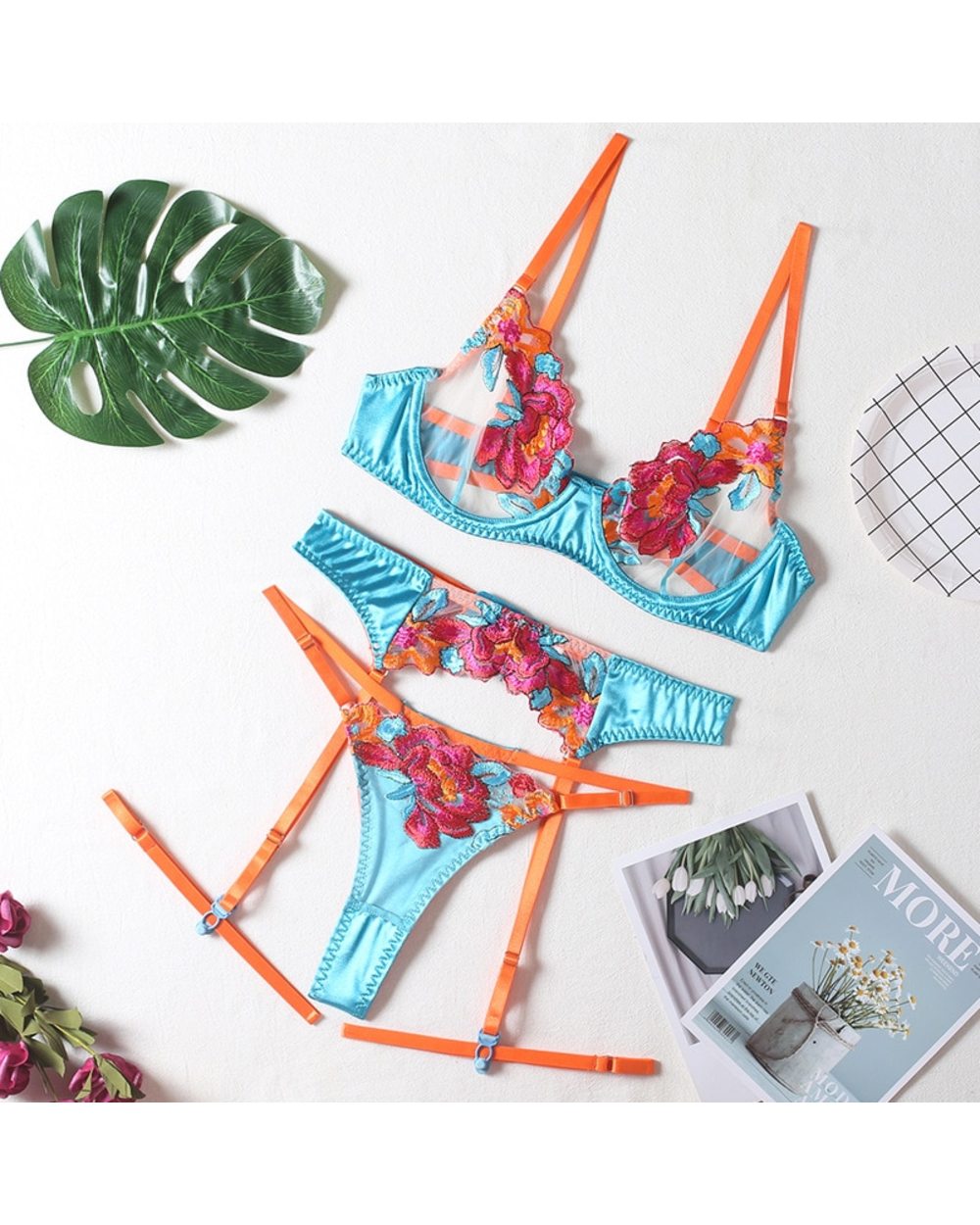 Women Floral Lingerie Sexy Transparent Bra Panty Set Embroidery Mesh Sheer Intimate Satin Lingere Underwear front-5