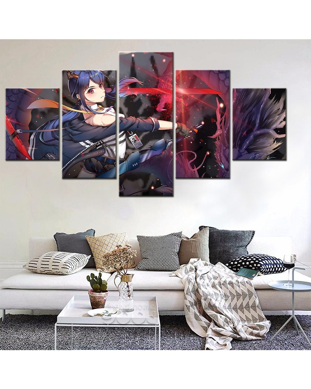 Japanese Anime Red Girl Fantasy Dragon Sword Picture Print Anime 5 Panel Canvas Art Wall Decor front-0