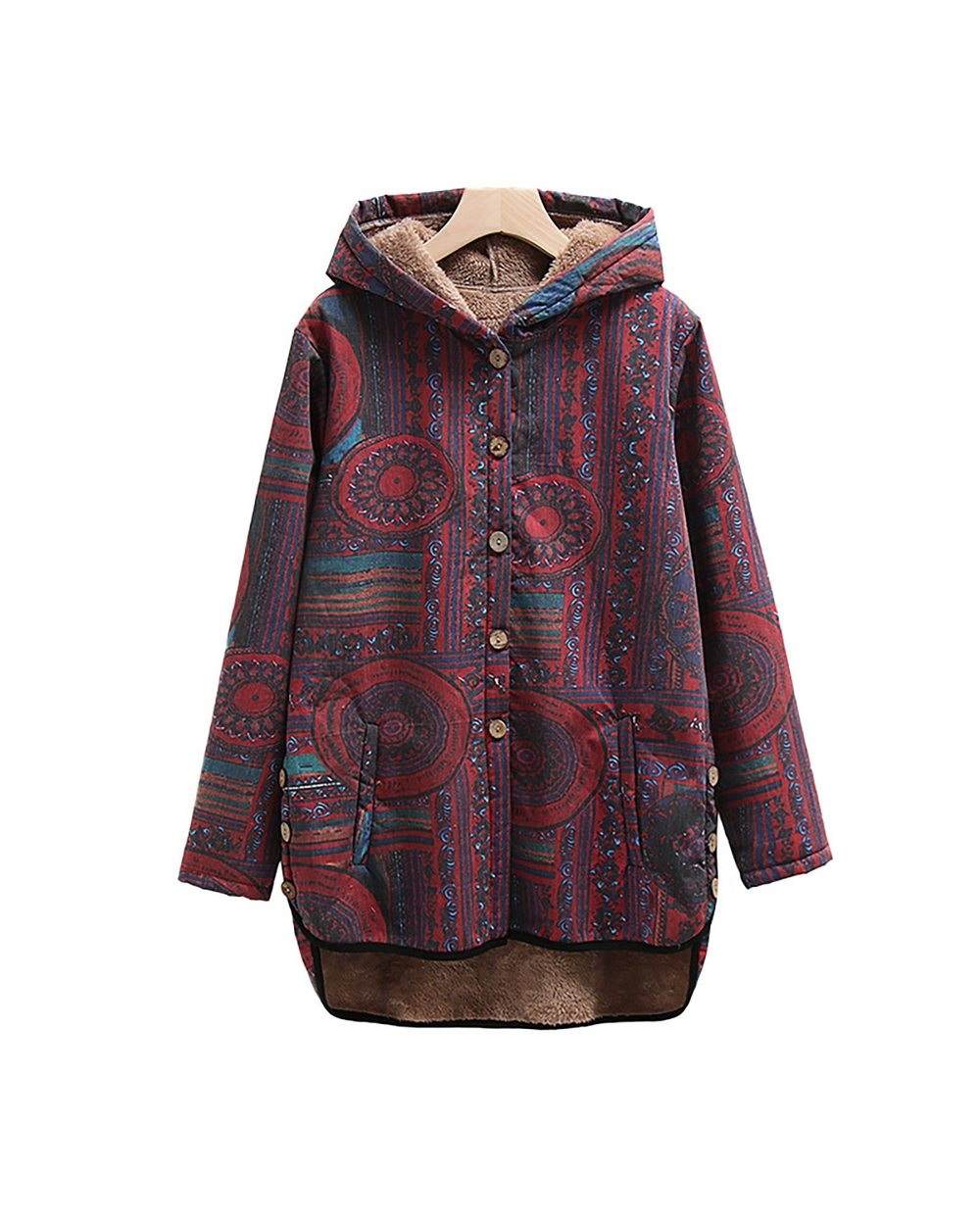 Retro Printing Splicing Zipper Hood Cardigan Long Sleeves Coat front-0