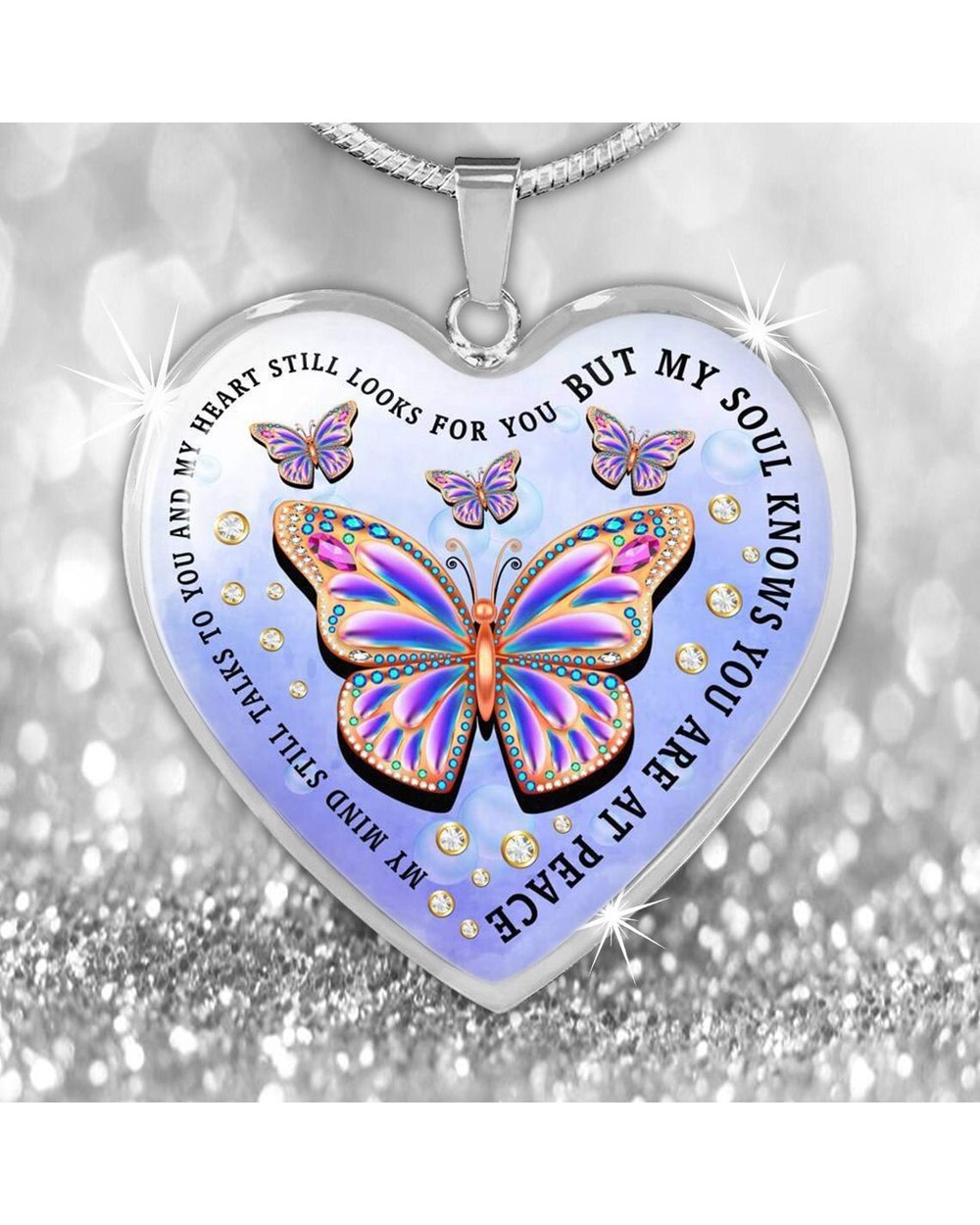 Exquisite Colorful Butterfly Heart Shape Pendant Necklace Remembrance Necklace Memorial Necklace front-4