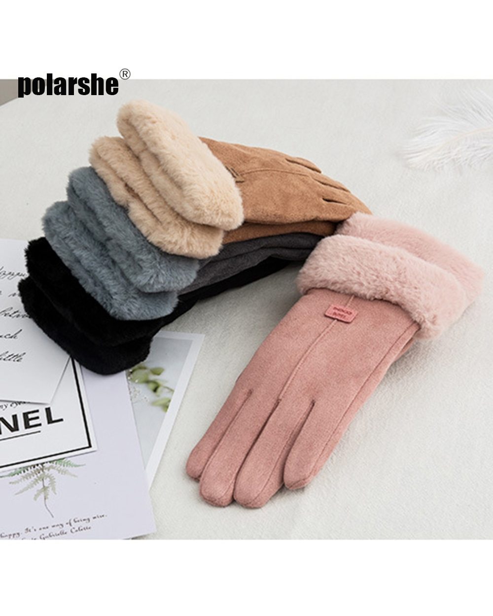 Winter Gloves Women Lace Warm Cashmere Cute Fur Gloves Mittens Suede Leather Double Thicken Plush Touch Screen Driving front-0