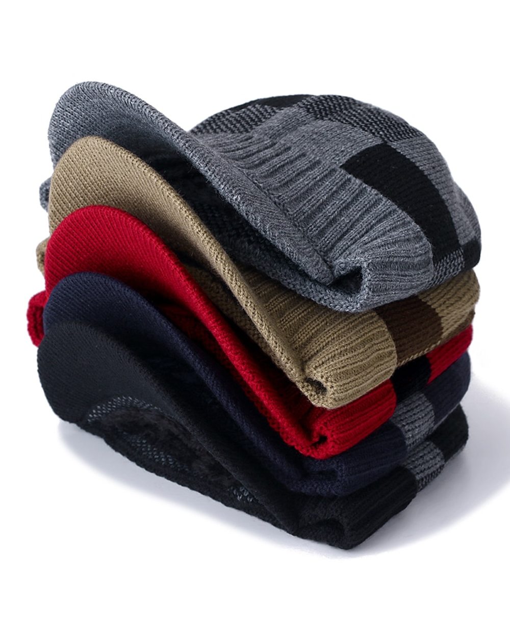 New Men Warm Winter Hat With Brim Stylish Add Fur Lined Soft Beanie Hat Lattice Design Thick Winter Hats For Men Knitte front-1