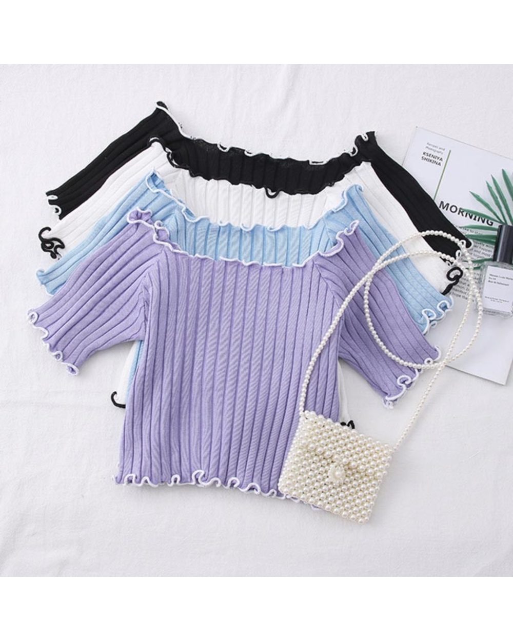 Women T-shirts Off Shoulder Knitting Crop Tops Women Stretchy Ruffles Hem Stripes Tops Summer Fashion front-0