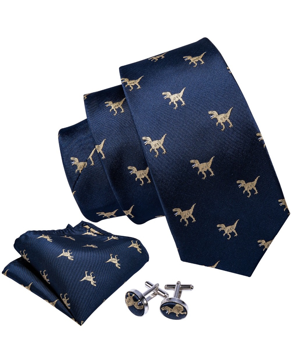 New Arrival Men's Ties Set Dinosaur Pattern Navy Gold Mens Wedding Necktie 8.5cm Necktie Business Silk Ties front-1