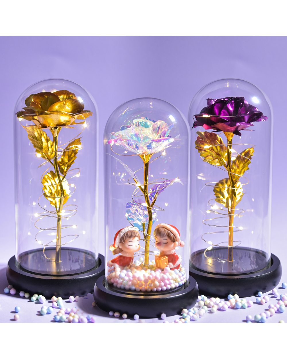 Forever Rose in Glass Dome- Galaxy Rose Flower LED Light Artificial Flowers Christmas Valentine Gift front-0