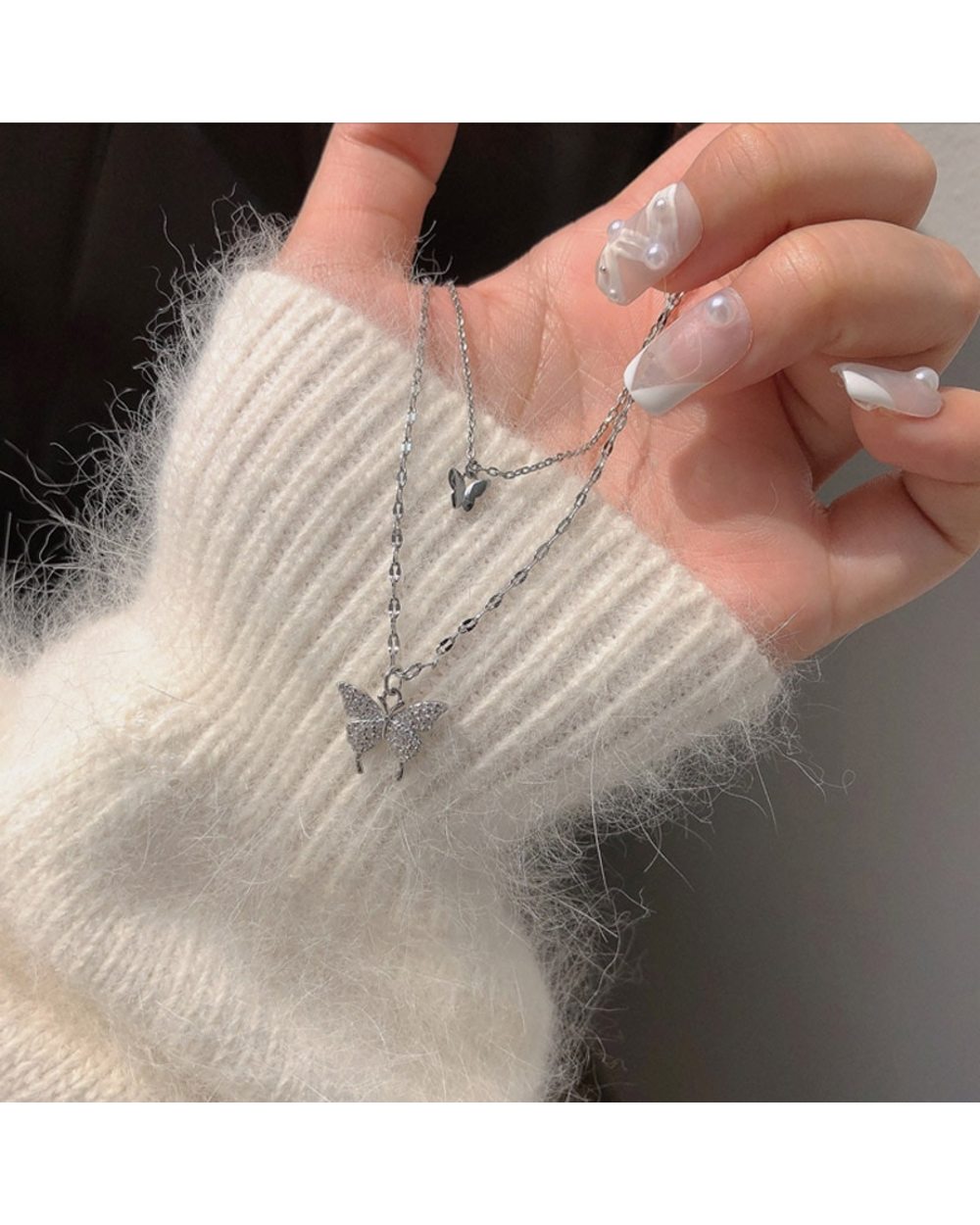 Butterlfy Double Layer 925 Sterling Silver Choker Necklace front-4