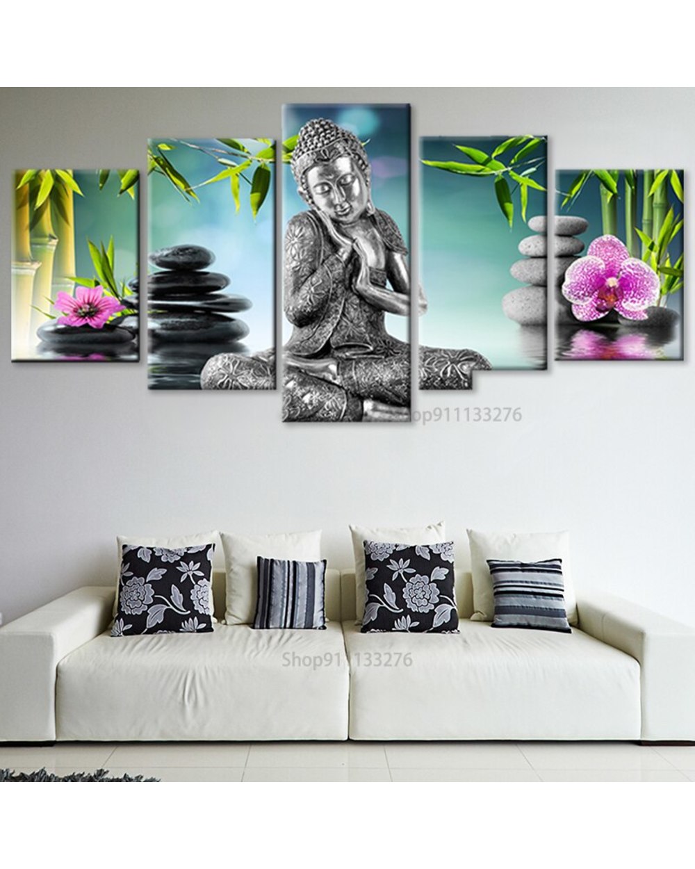 Buddha Orchid Bamboo Water Zen Picture Print Buddha 5 Panel Canvas Art Wall Decor front-0