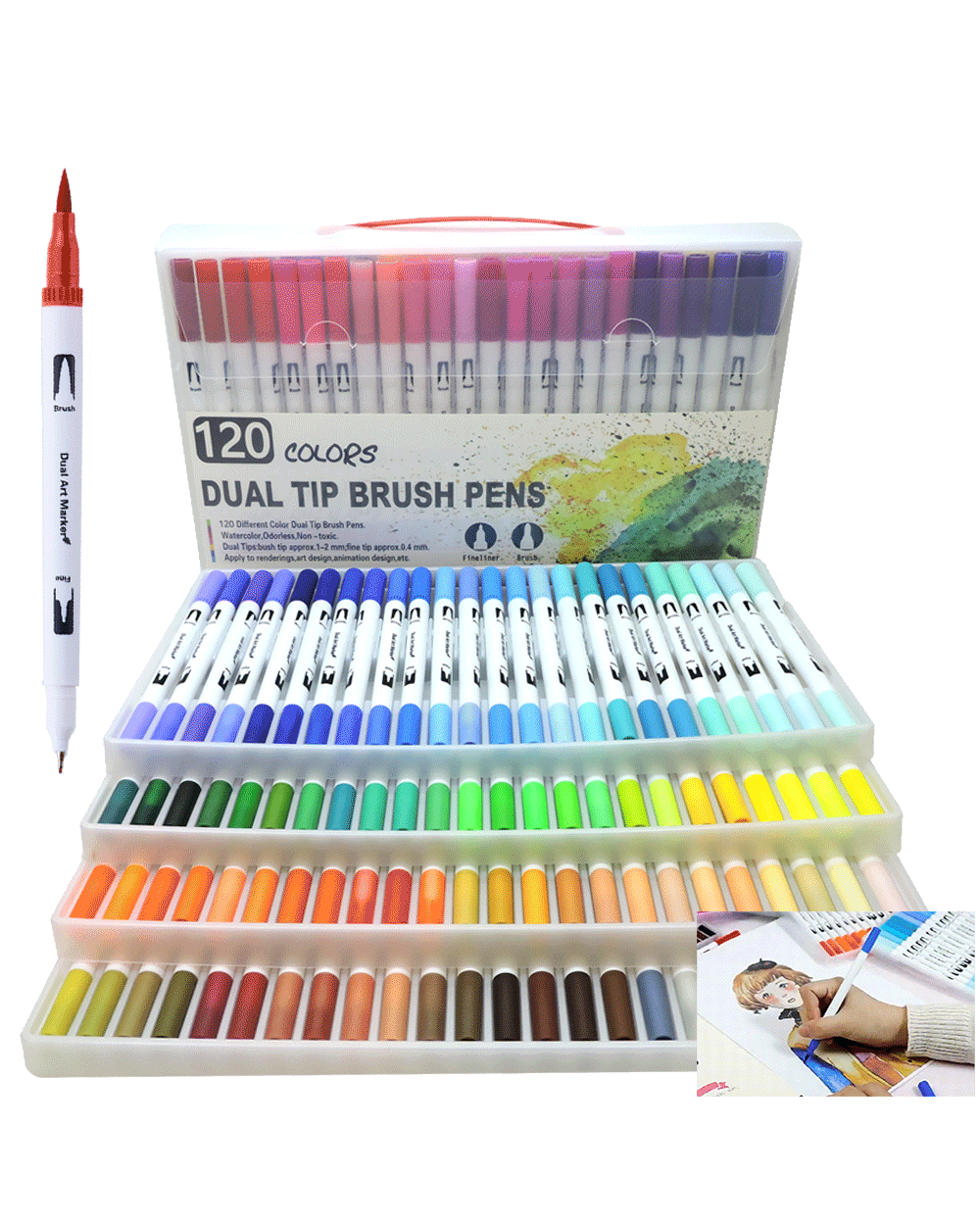 120Pcs Colors Dual Tip Brush Hand Painted Marker Pens Art Watercolor Fineliner Drawing Painting Stationery For Coloring front-0