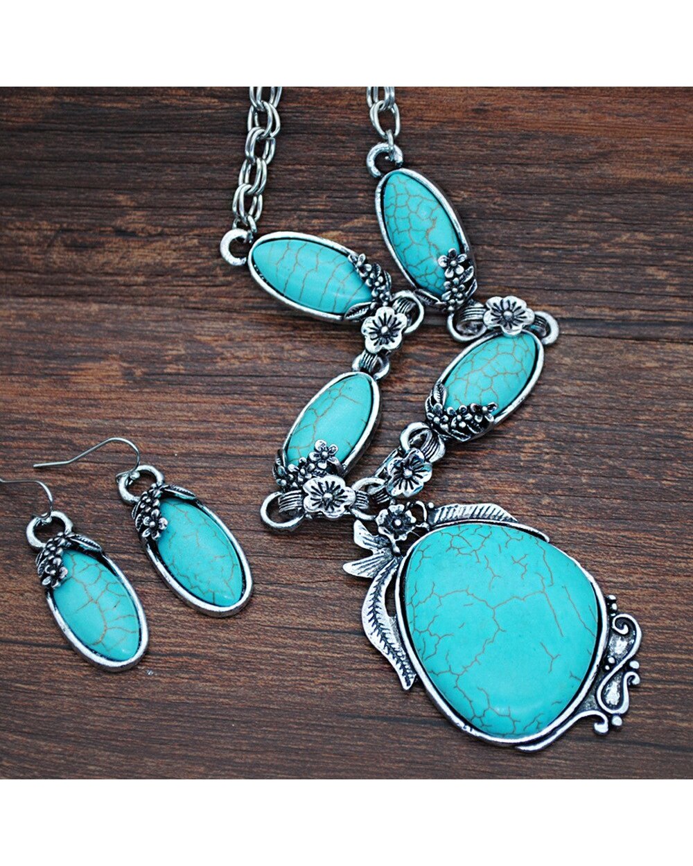 Natural Turquoises Bracelet Jewelry Set Vintage Silver Plated Jewelry Sets for Women front-4