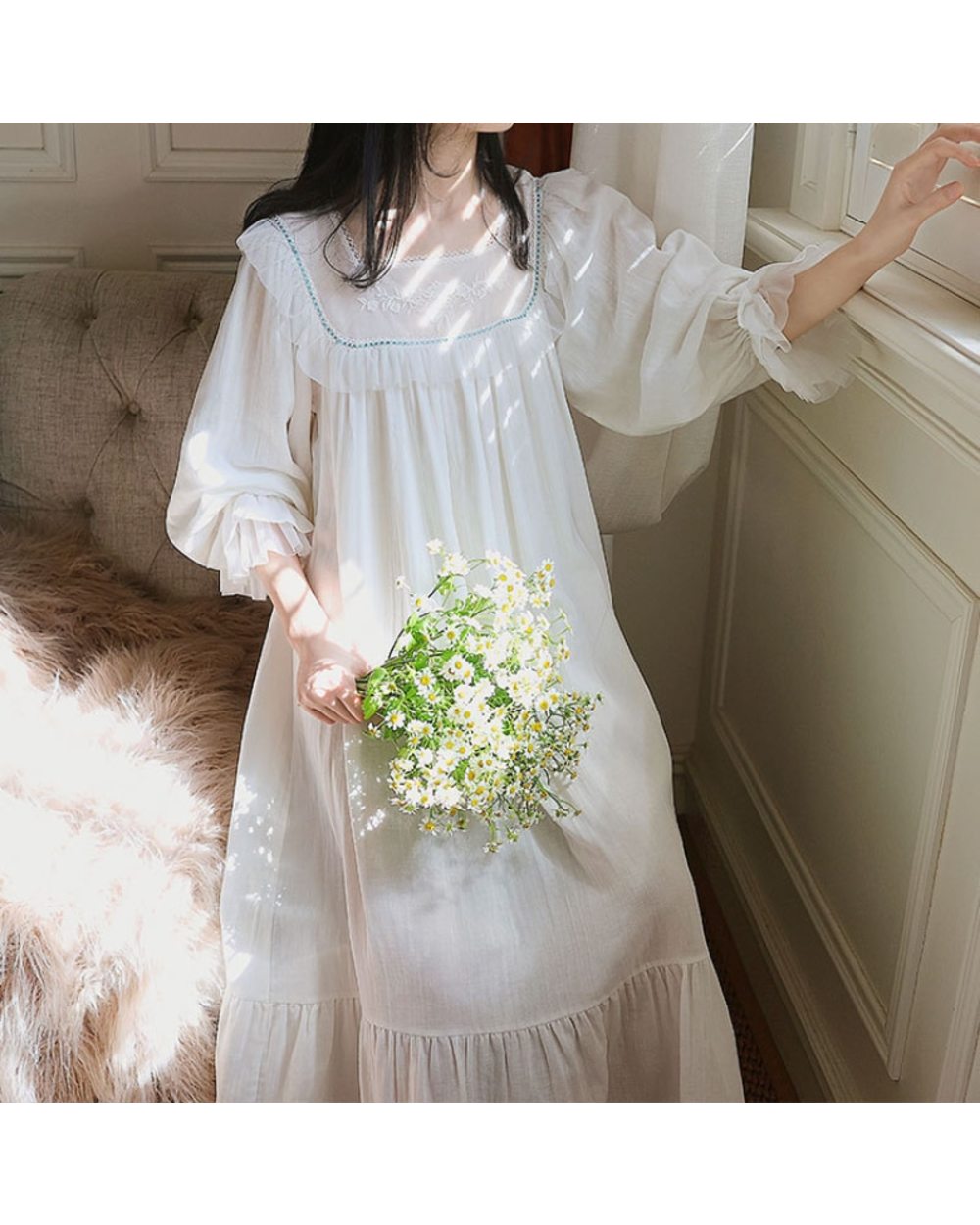 White Nightgown Women Cotton Embroidery Lace Princess Sleepwear Ladies Loungewear Victorian Night Dress front-1