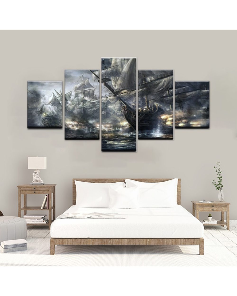 Pirate Ships Battle On The Sea Picture Print Scenery 5 Panel Canvas Art Wall Decor front-2