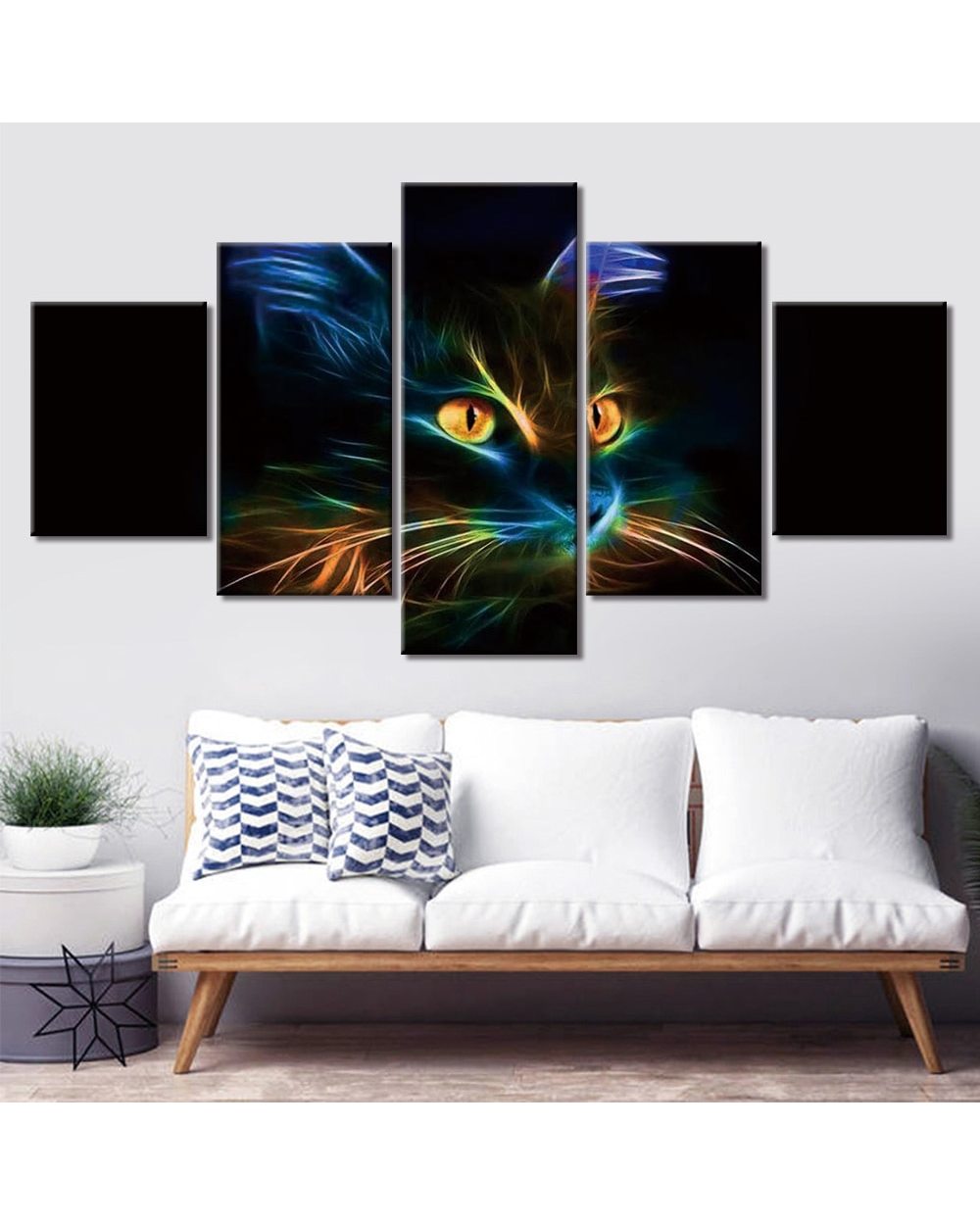 Neon Cat in Black Background Picture Print Animal 5 Panel Canvas Art Wall Decor front-1