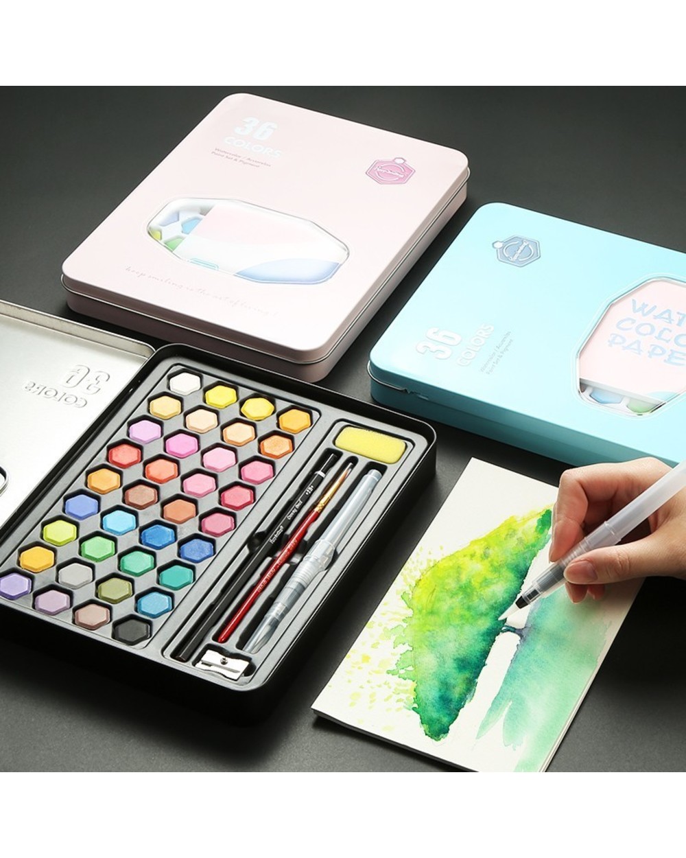 High Quality 36 Colors Portable Travel Solid Pigment Watercolor Paints Set With Watercolor Brush Pen For Painting Art S front-0