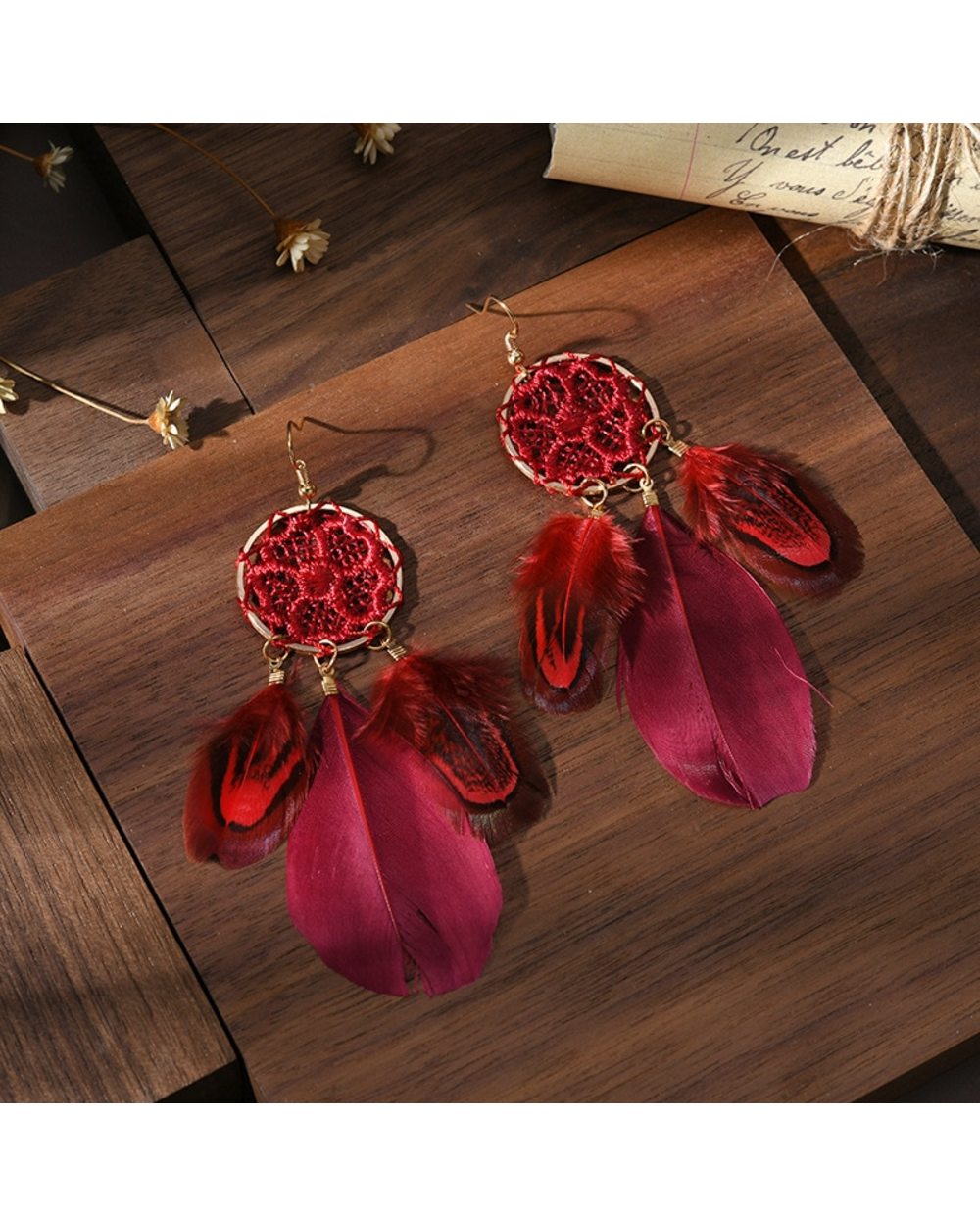 Bohemian Ladies Earrings Women Lightweight Dream Catcher Flower Woven Feather Earrings Indian Jewelry front-1