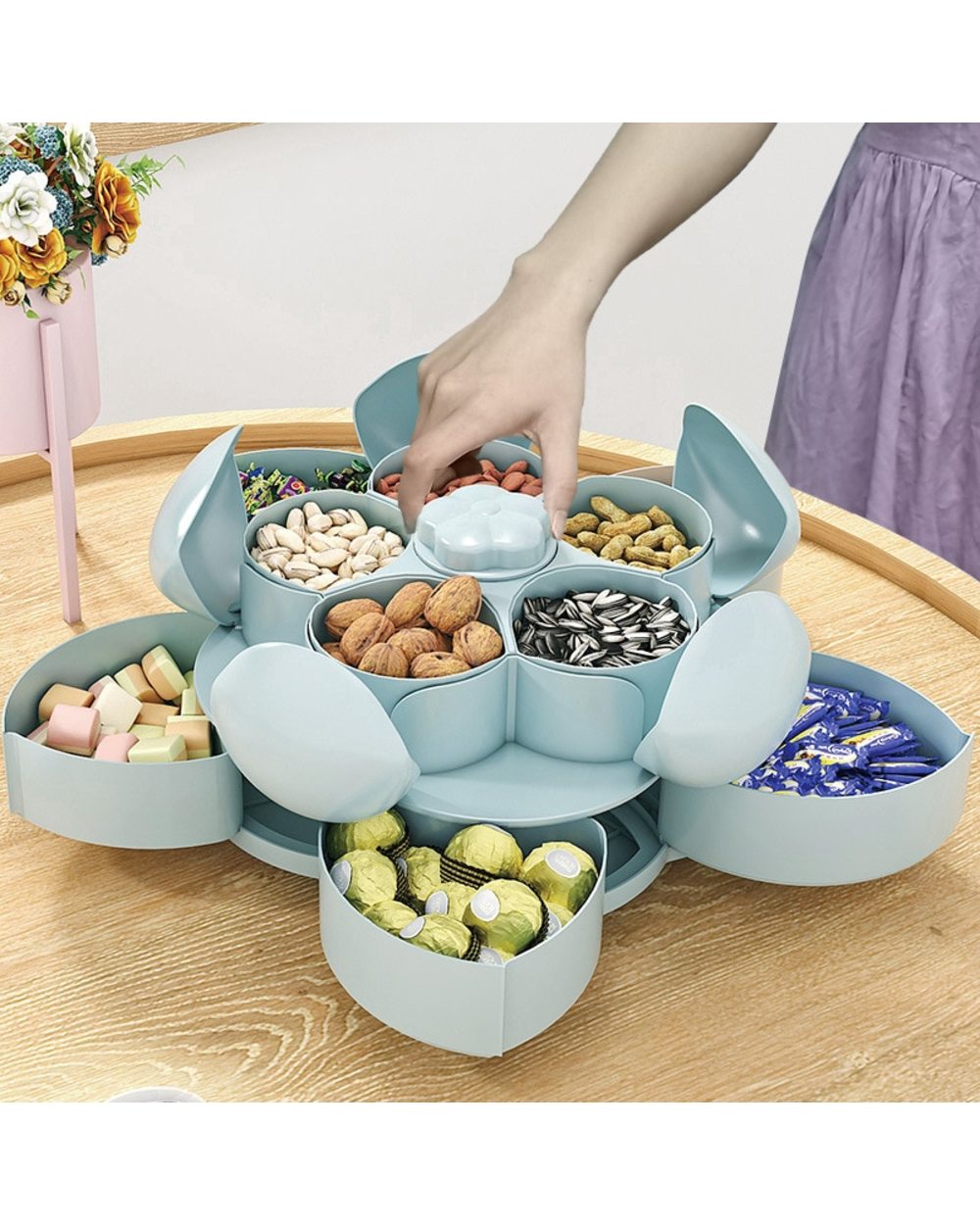 Petal-Shape Rotating Candy Box Snack Nut Box Flower Candy Food Storage front-0
