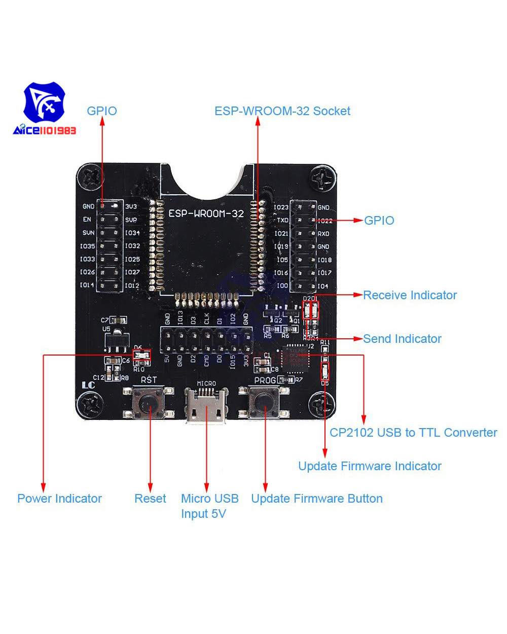 Diymore Esp-Wroom-32 Esp8266 Burning Fixture Development Board Esp-01/01S/07/07S/12E/12F/12S/18T Easy Programer For Ard front-4