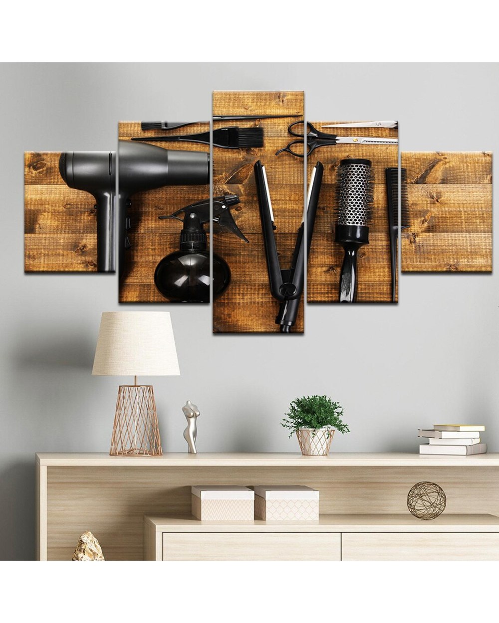 Hairdressing Tools Scissors Comb Picture Print Abstract 5 Panel Canvas Art Wall Decor front-2