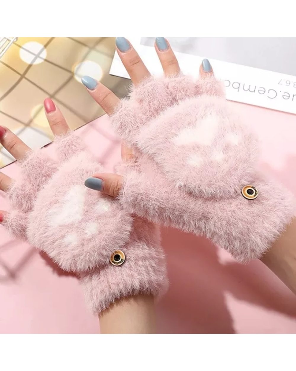Mink Gloves Cute Cat Claw Winter Warm Touchscreen Gloves Women Men Fluff Fingerless Flip Gloves Outdoor Knitted Mittens front-1