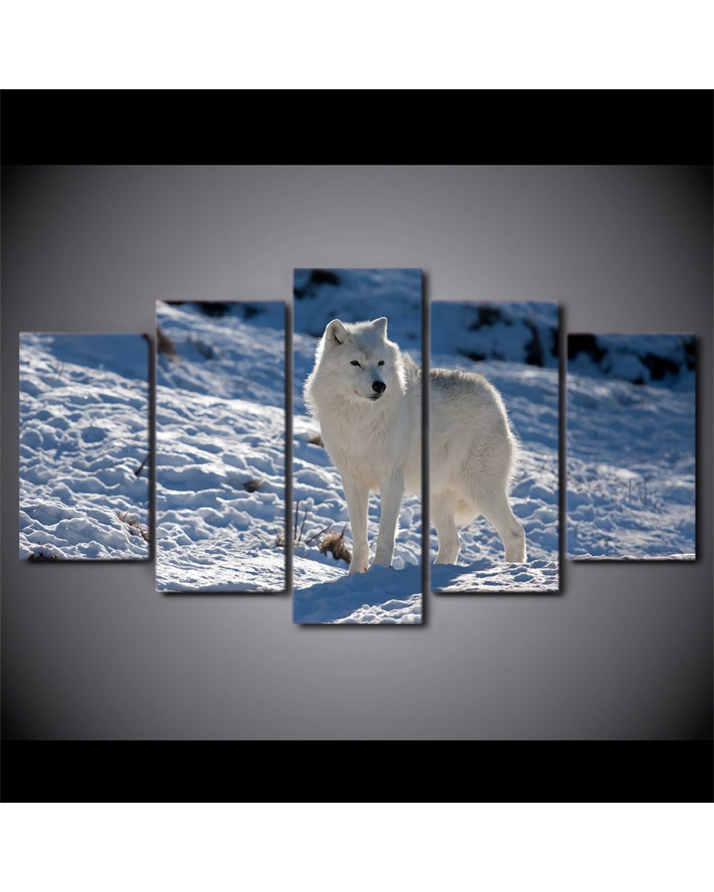 White Snow Wolf Painting Snow Mountain Picture Print Animal 5 Panel Canvas Art Wall Decor front-1