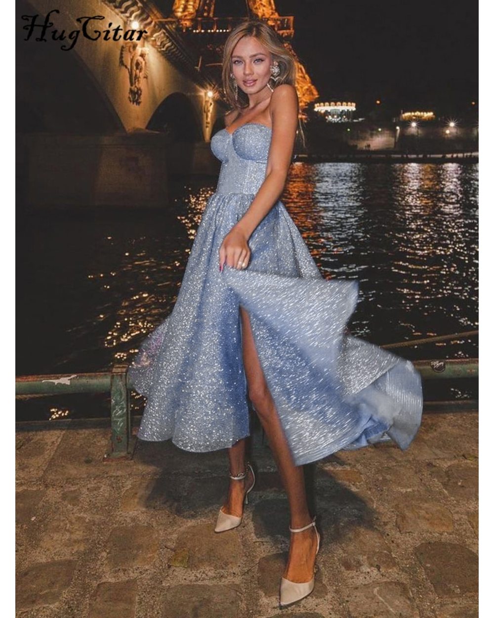 Women's Dress Shine Strapless Fit And Flare Princess Dress 2022 Fall Evening Party Elegant Vestido front-1