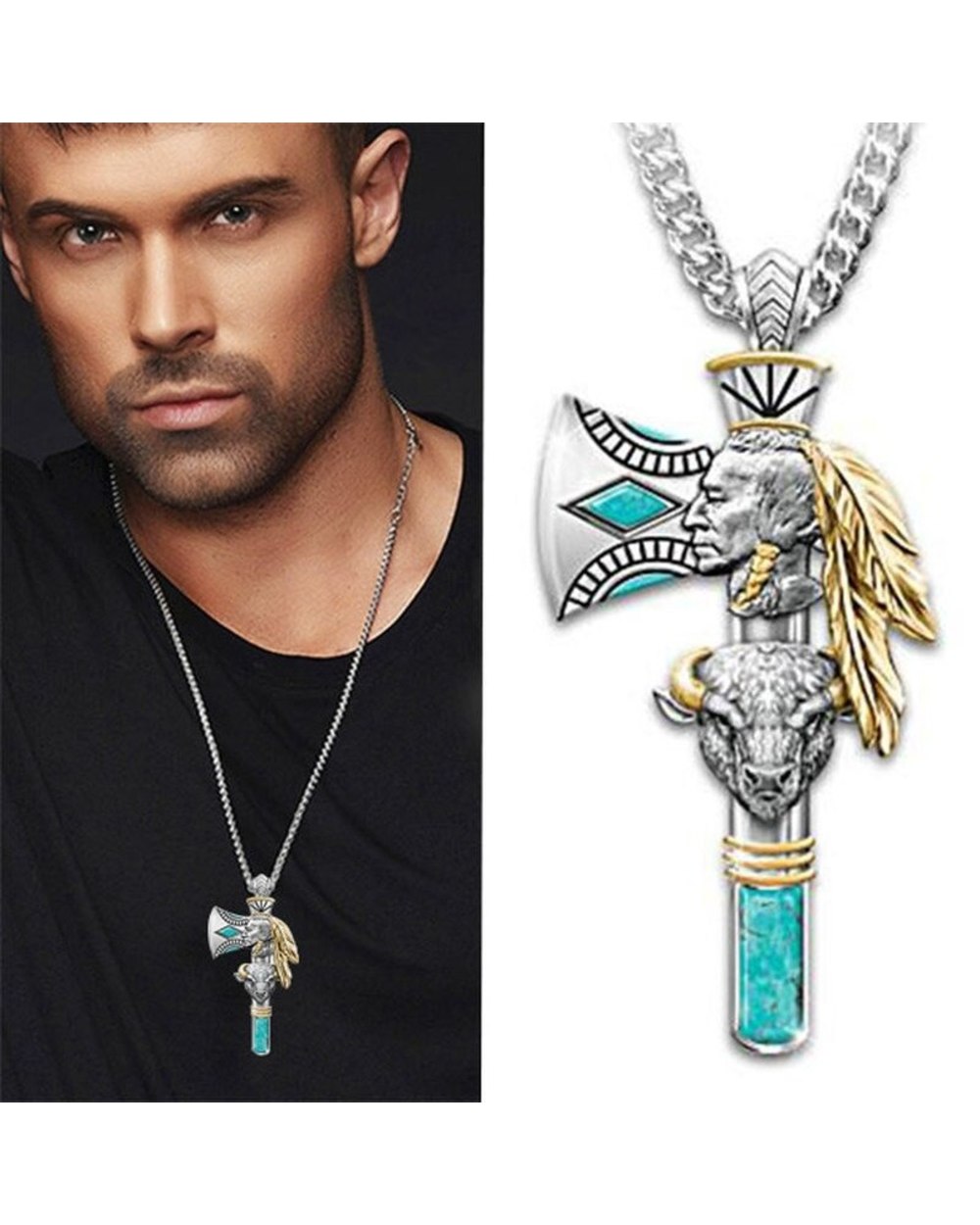 Stainless Steel Jade Pendant Indians and Beasts Creative Necklace Goth Punk Jewelry Anniversary front-1