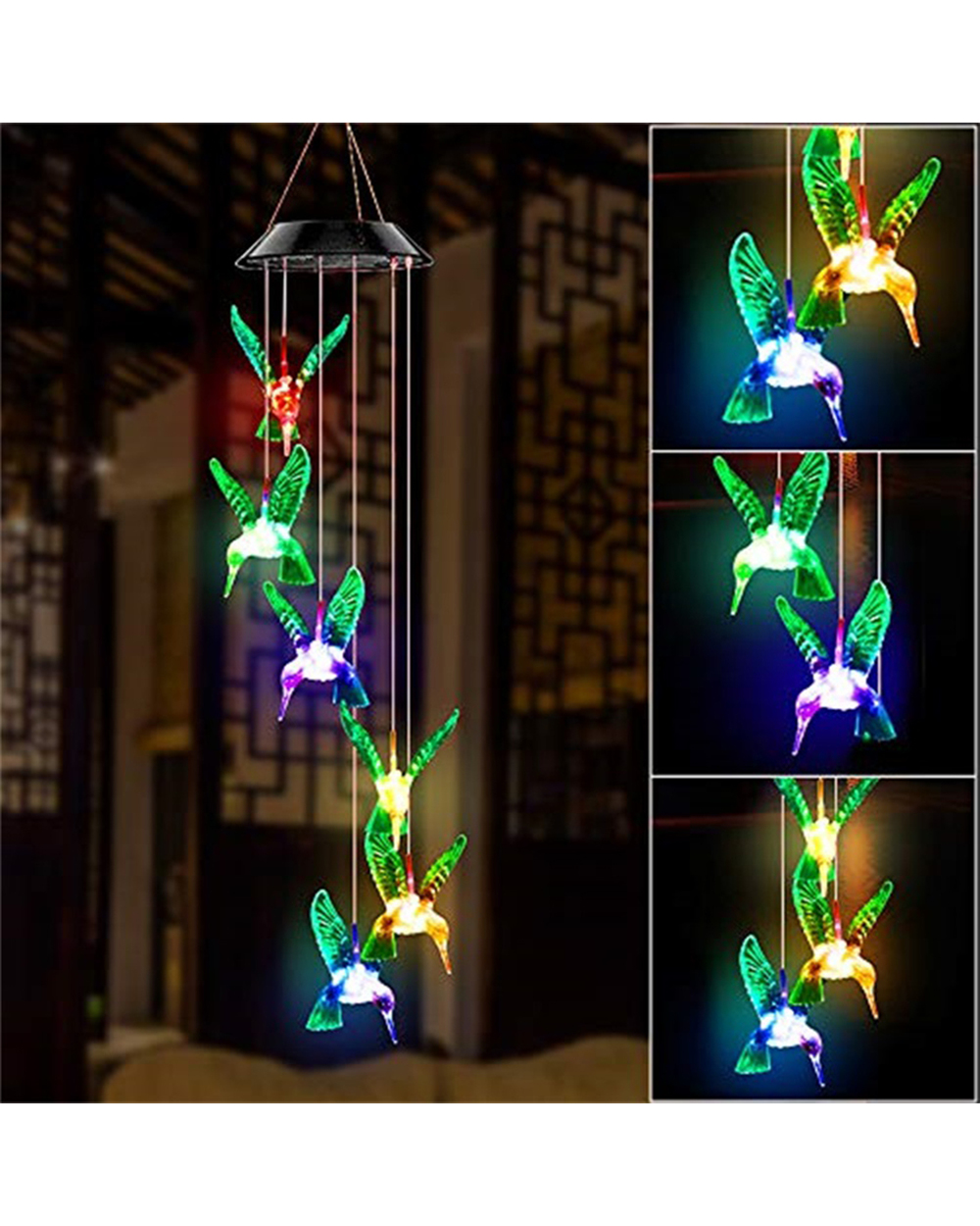 Led Colorful Wind Chime Solar Power Lamp Waterproof Outdoor Crystal Hummingbird Butterfly Windchime Solar Light For Gar front-0