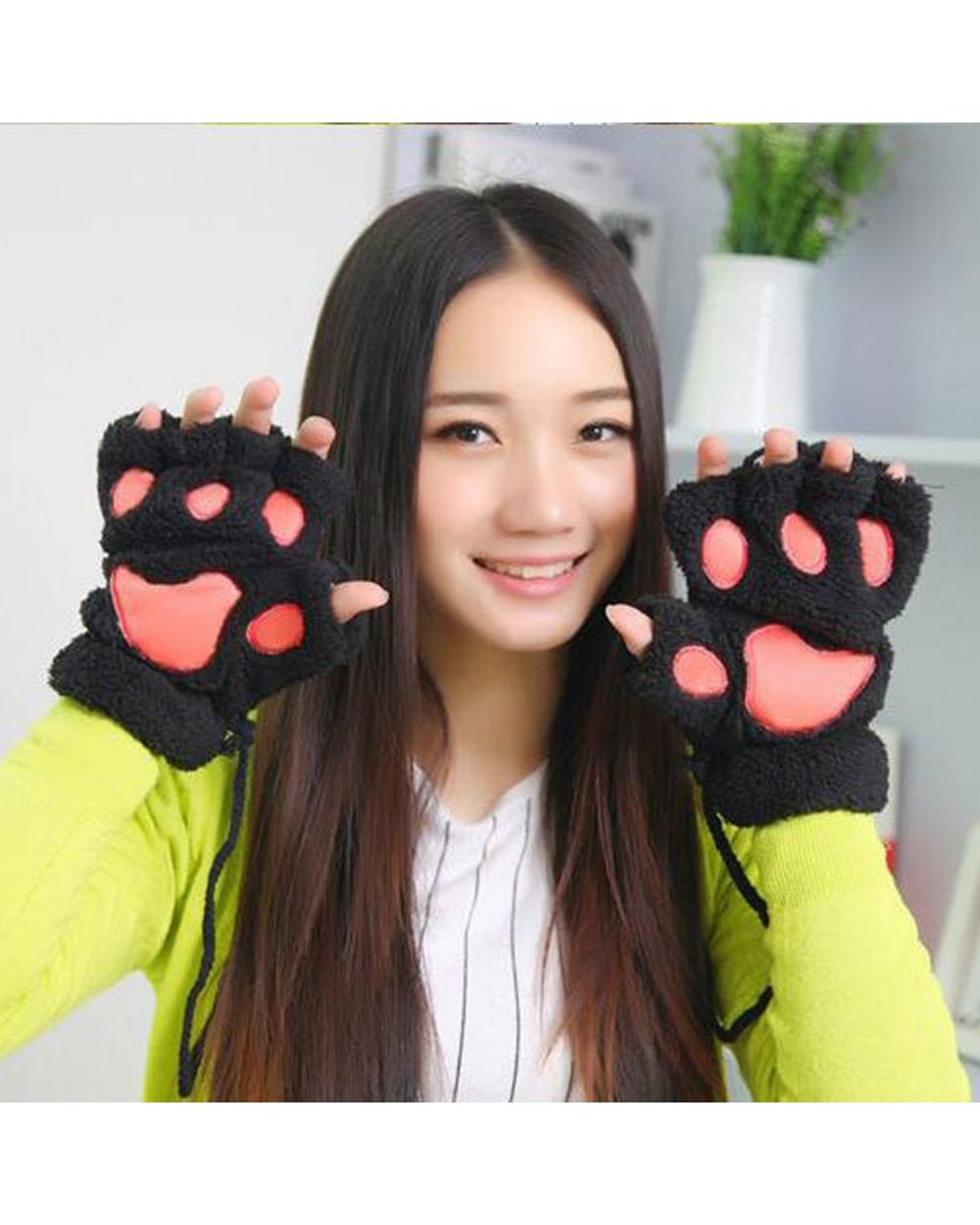 Women Lovely Cartoon Fluffy Bear Cat Claw Paw Mittens Winter Female Half Finger Plush Gloves Ladies Fingerless Warm Glo front-3