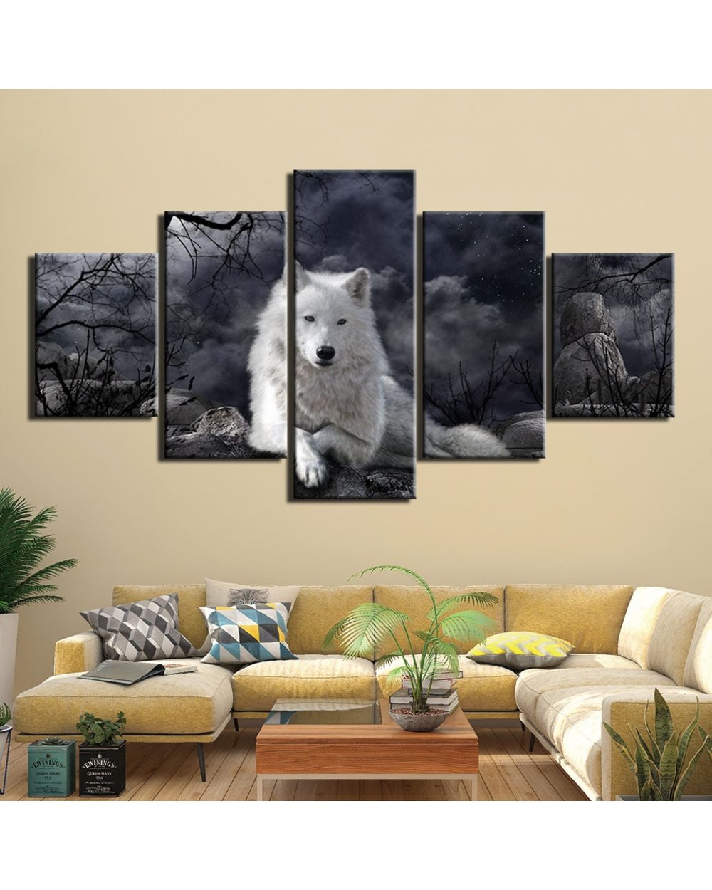 White Wolf Painting Picture Animal 5 Panel Canvas Art Wall Decor front-0