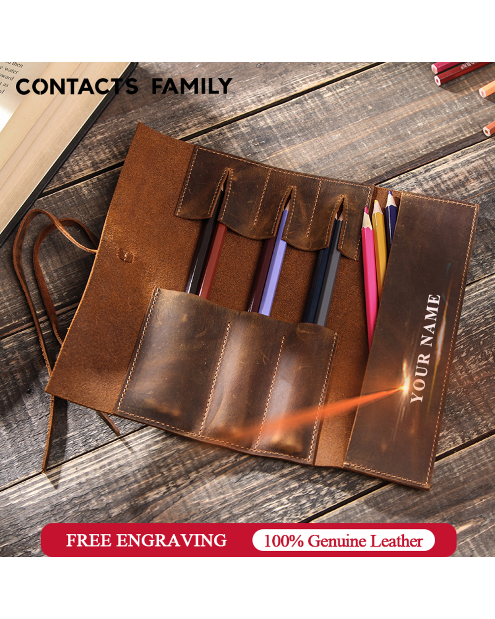 Genuine Leather Retro Luxury Pencil Cases Roll Pen Bag Storage Pouch For Stationery School Supplies Makeup Cosmetic Bag front-0