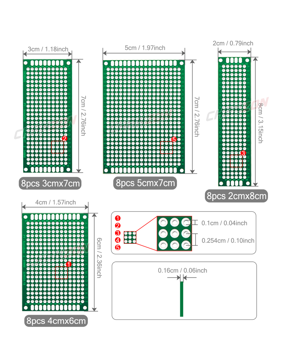 20 Pcs Double Sided Pcb Board ( 2X8 3X7 4X6 5X7 ) Tinned Fr4 Prototype Kit Printed Universal Circuit Perfboard For Diy front-1