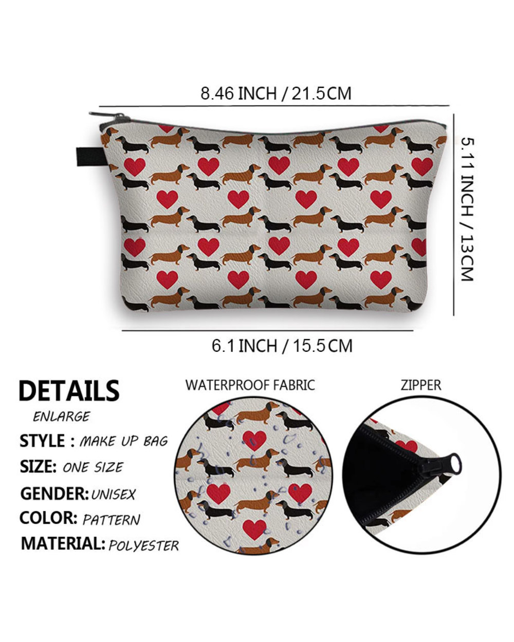 Cute Dachshund Travel Cosmetic Pouch front-2
