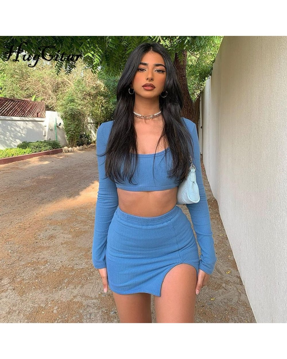 Hugcitar Solid Navel Low Neck Bodycon Top Sexy Mini Dress Set Summer Women Fashion Streetwear Outfits Y2K front-5