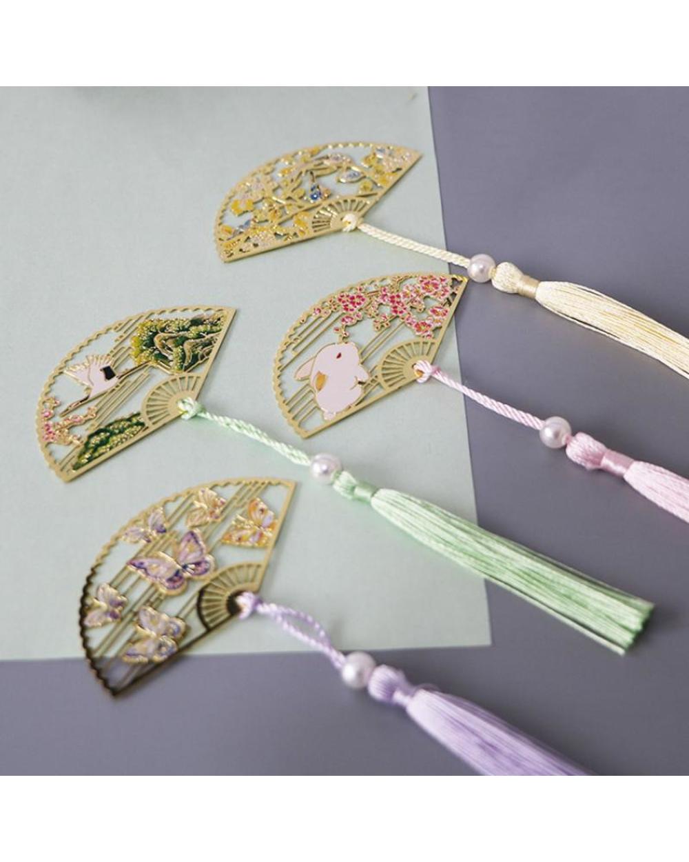 Metal Bookmark Chinese Style Folding Fan Paper Reading Bookmarks Creative Book Page Marker Stationery Supplies Color Bo front-3