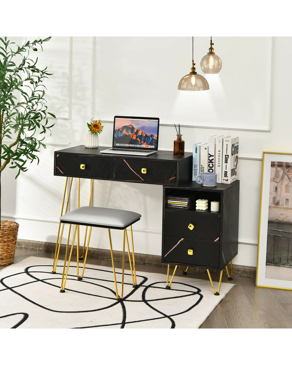 Vanity Table Stool Set Dimmer LED Mirror Large Storage Cabinet Drawer front-5