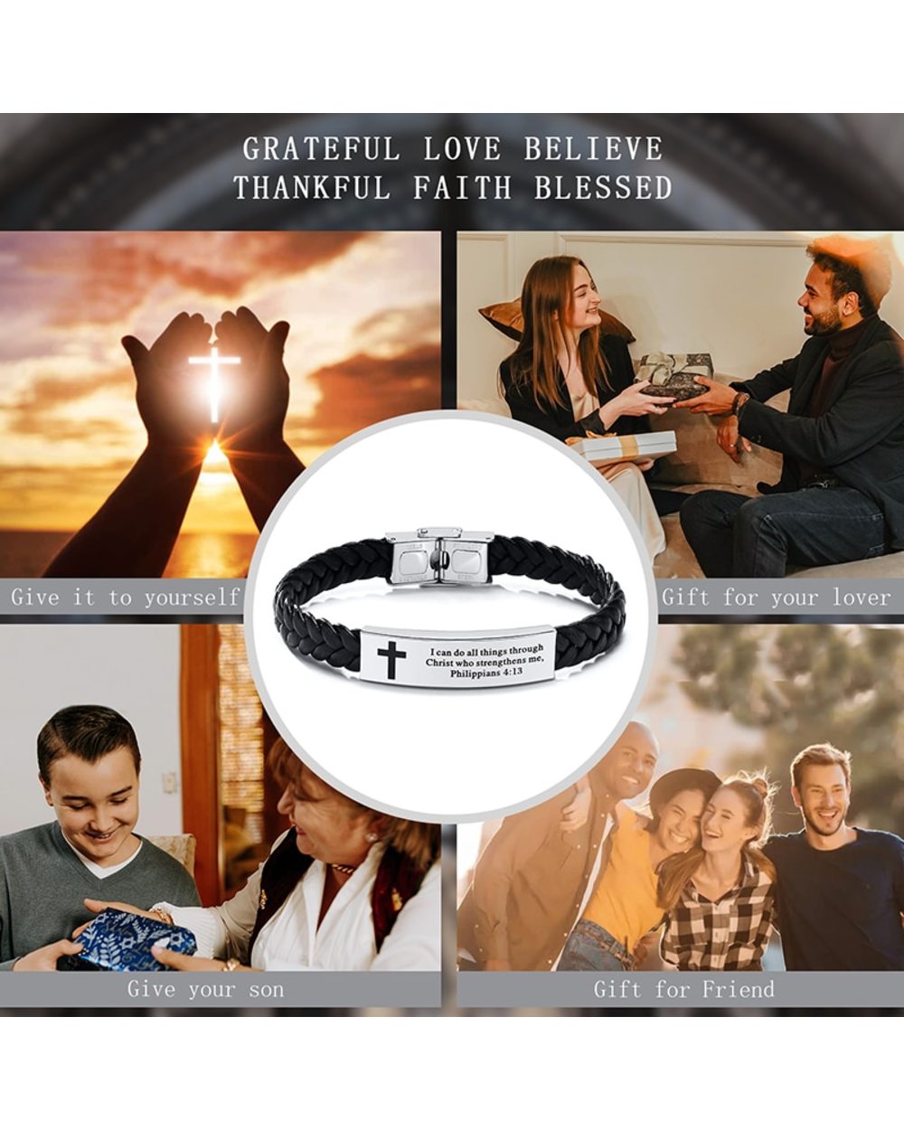 Bible Verse Cross Bracelets for Men - Braided Black Leather Rope Wristband Gift Christian Religion Prayer Jewelry front-2