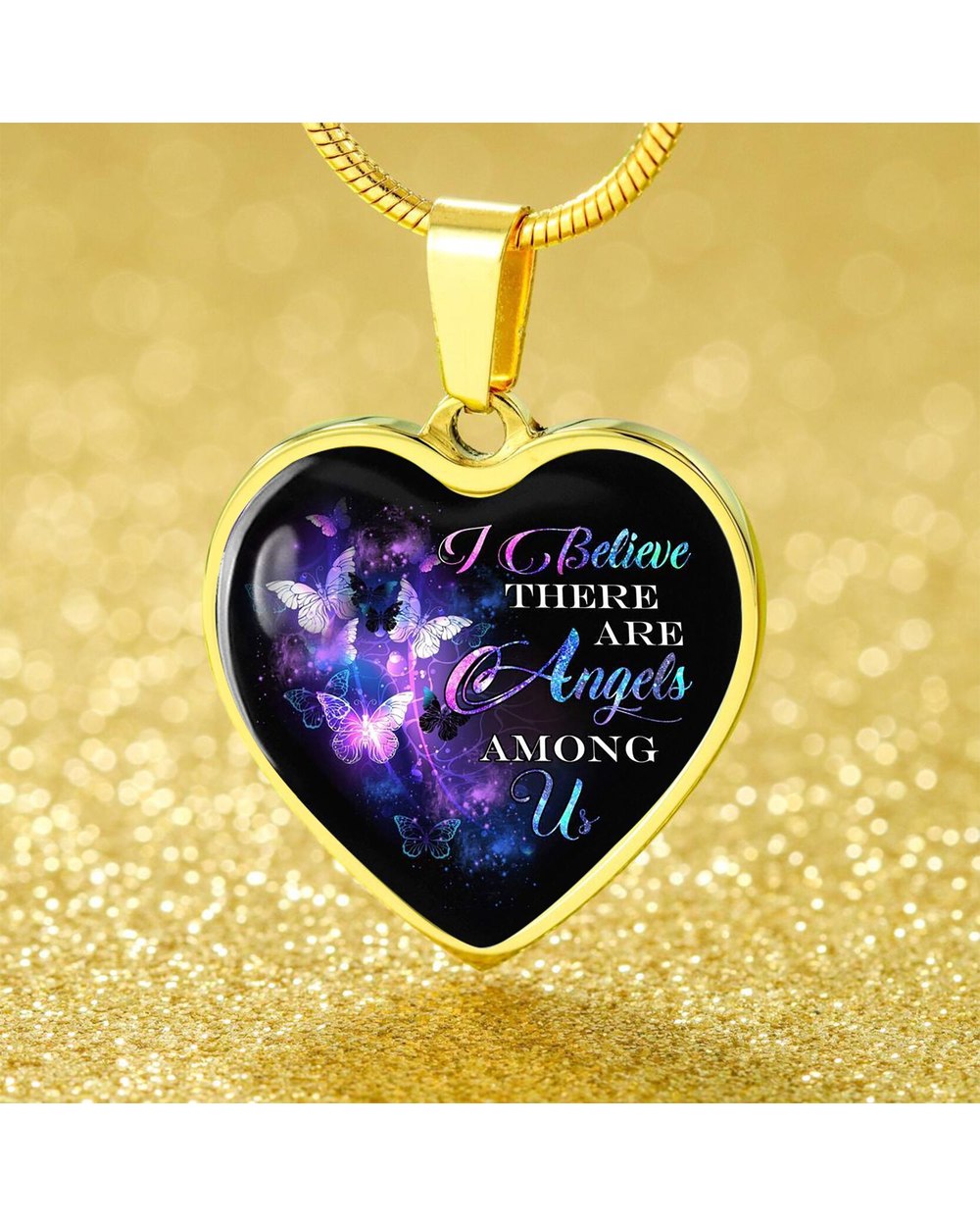 Butterfly Heart Shape Pendant Necklace I Believe There Are Angels Among Us front-4