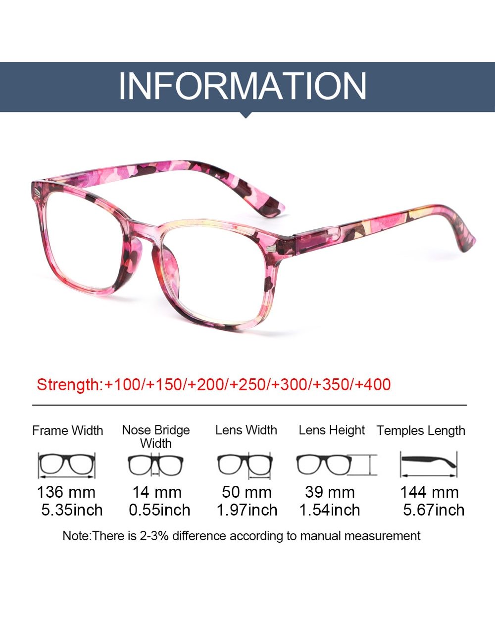 Fashion Anti-Blue Light Reading Glasses Square Frame Women Men Lightweight Presbyopic Floral Printed Eyewear Glasses +1 front-5