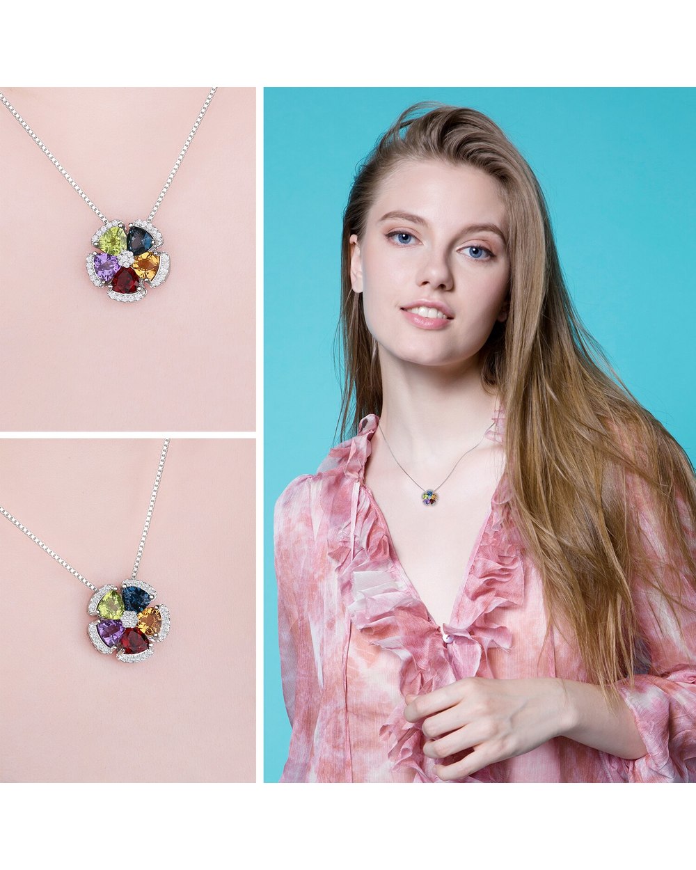 Genuine Blue Topaz Amethyst Citrine Garnet Peridot Pendant Necklace front-2
