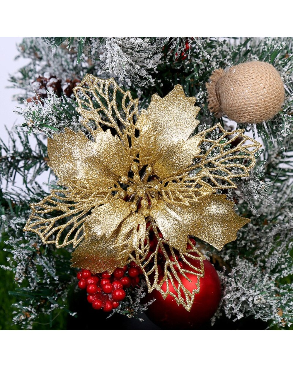 5pcs 15cm Hollow Out Glitter Artifical Christmas Flowers Navidad Xmas Tree Ornaments For Home Party Fake Flower Decor front-1