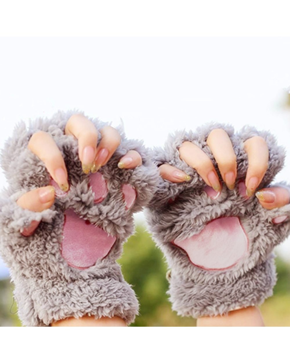 Girls Lovely Winter Warm Fingerless Gloves Fluffy Bear Cat Plush Paw Claw Half Finger Plush Gloves Mittens New Women Sk front-5