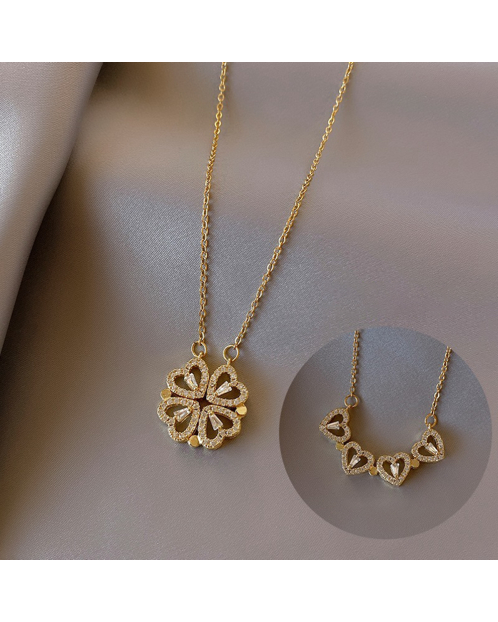 Retro Magnetic Folding Heart Shaped Four Leaf Clover Pendant Necklace front-3