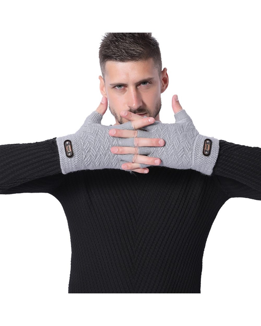 Fashion Winter Acrylic Wool Plus Plush Thick Jacquard Knit Warm Half Finger Mittens Men Full Finger Touch Screen Gloves front-2