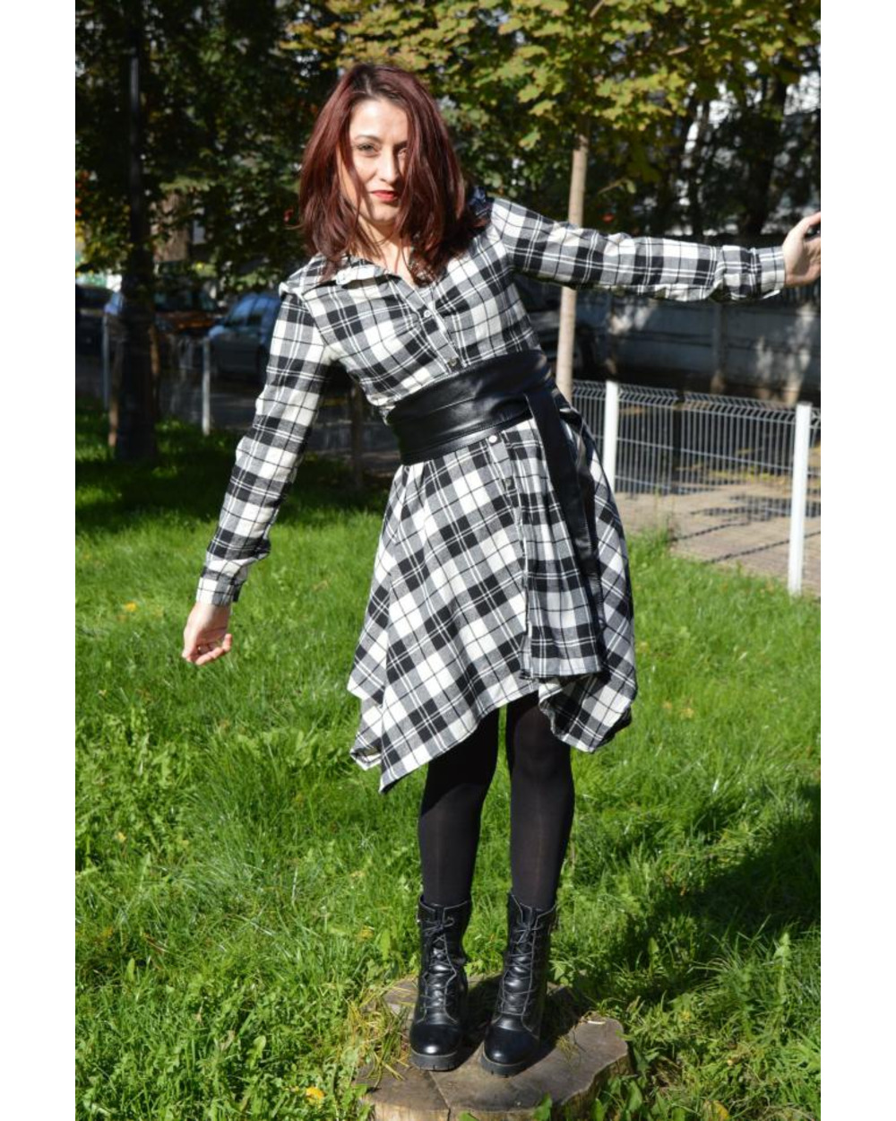 Casual Dress Red Plaid with Belt and Roll Tab Sleeve front-6